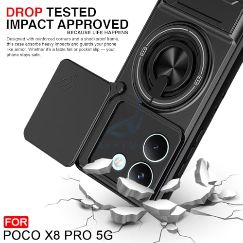 Image of AESTMO Mi Redmi Turbo 5 / Poco X8 Pro 5G Back Cover | Armor Camera Slider 360 Degree Rotating Finger Ring Holder Case with Bracket Stand Back Case Cover (Compatible with MagSafe Accessories) (Black)