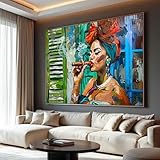 Tableau sur toile représentant une femme afro fumant un cigare, portrait coloré, décoration de style cubain, peinture sur toile inspirée de la culture ethnique (40 x 60 cm avec cadre intérieur)