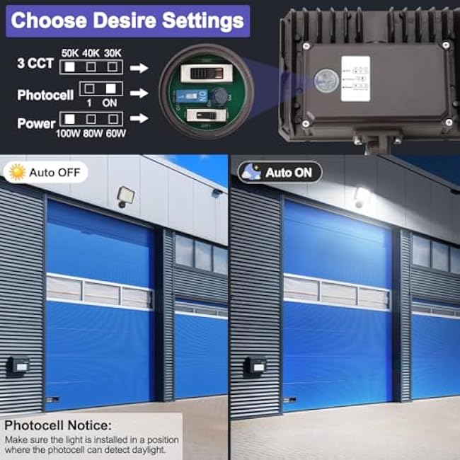 LED Flood Lights Outdoor with Dusk to Dawn Photocell, Security Lighting 100W 80W 60W Tunable, 3/4/5000K Adjustable Knuckle Mount Exterior Floodlights for Garage, Stadium, IP65 Waterproof 2 Pack