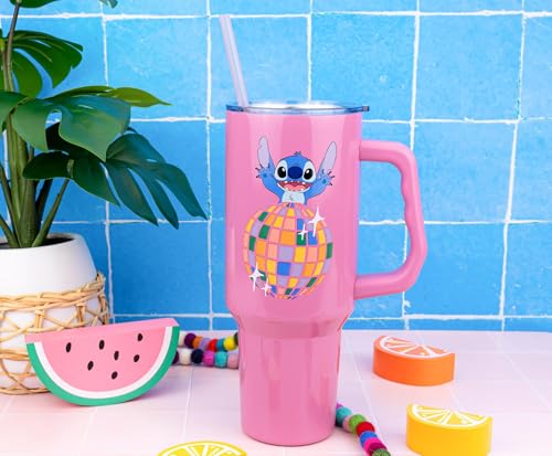 Image of Silver Buffalo Disney Lilo and Stitch inchLife Is A Party inch Stainless Steel Tumbler with Handle, Fits in Standard Cup Holder, 40 Ounces