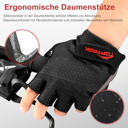 toptrek Fahrradhandschuhe Herren Damen, MTB Handschuhe 6mm SBR-Polstern, Atmungsaktives Halbfinger Fahrrad Handschuhe Sommer, rutschfeste & Stoßdämpfende Radhandschuhe für Rennrad/MTB/Fitness (M)