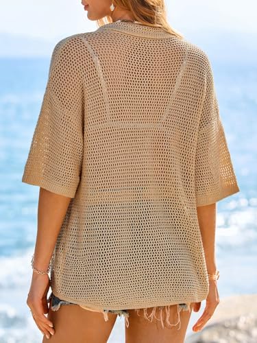 Image of Fisoew Womens Crochet Lightweight Cardigan Sweaters Short Sleeve Summer Button Down Collared Loose Cover Up Shirts