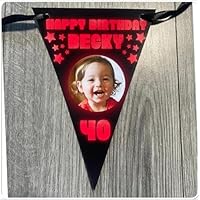Personalised Birthday Bunting Banner Photo Any Name and Age 18th 21st 30th etc (A5, 1 Photo (Repeated on all Flags), Red)