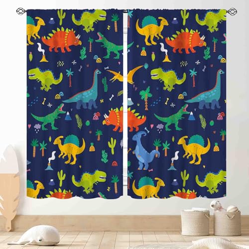 Dino Curtains for Boys Room Kids Boys Cartoon Dinosaur Funny Colorful Safari Animals Blackout Window Drapery Treatments for Baby Kids Room Bedroom Living Room Nursery Fabric 2 Panels 42x45 Inch