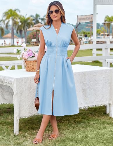 Image of Summer Dresses for Women 2025 V Neck Sleeveless Zipper Dinner Vacation Beach Midi Flowy Sundress Light Blue S
