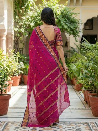 Image of WoodenTant Women's Pure Cotton Taant Saree with Designer Border