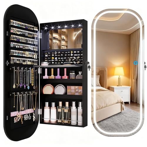 LVSOMT LED Espejo joyero de pared, Armario joyero con Espejo Oval, Montado en puerta/pared, Espejos de cuerpo entero con 3 Luces, Madera Joyería Espejos Armario Colgante, Organización de joyas, Negro