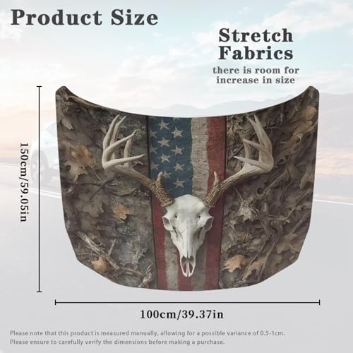 Image of American Flag Deer Skull Design Car Hood Cover 59x39 Inch Car Hood Wrap Blankets Waterproof Stretchable Automotive Hoods Flag for Most SUV Sedans Trucks