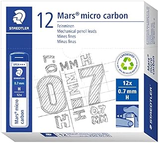 STAEDTLER Feinminen Mars micro carbon, Linienbreite 0,7 mm, Härtegrad H, hohe Bruchfestigkeit durch elastische Mine, für viele Druckbleistifte, 12 Minendosen mit je 12 Minen, 250 07-H
