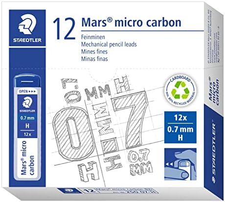 STAEDTLER Feinminen Mars micro carbon, Linienbreite 0,7 mm, Härtegrad H, hohe Bruchfestigkeit durch elastische Mine, für viele Druckbleistifte, 12 Minendosen mit je 12 Minen, 250 07-H