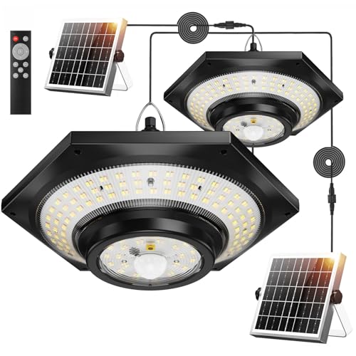 FabStyl Solar Indoor Outdoor Shed Light with 4000LM, Upgrade 228 LED Solar Pendant Light Daytime Available with 3 Color Temperature Remote Control Motion Sensors for Gazebo,Shed,Garage,Barn, 2 Packs