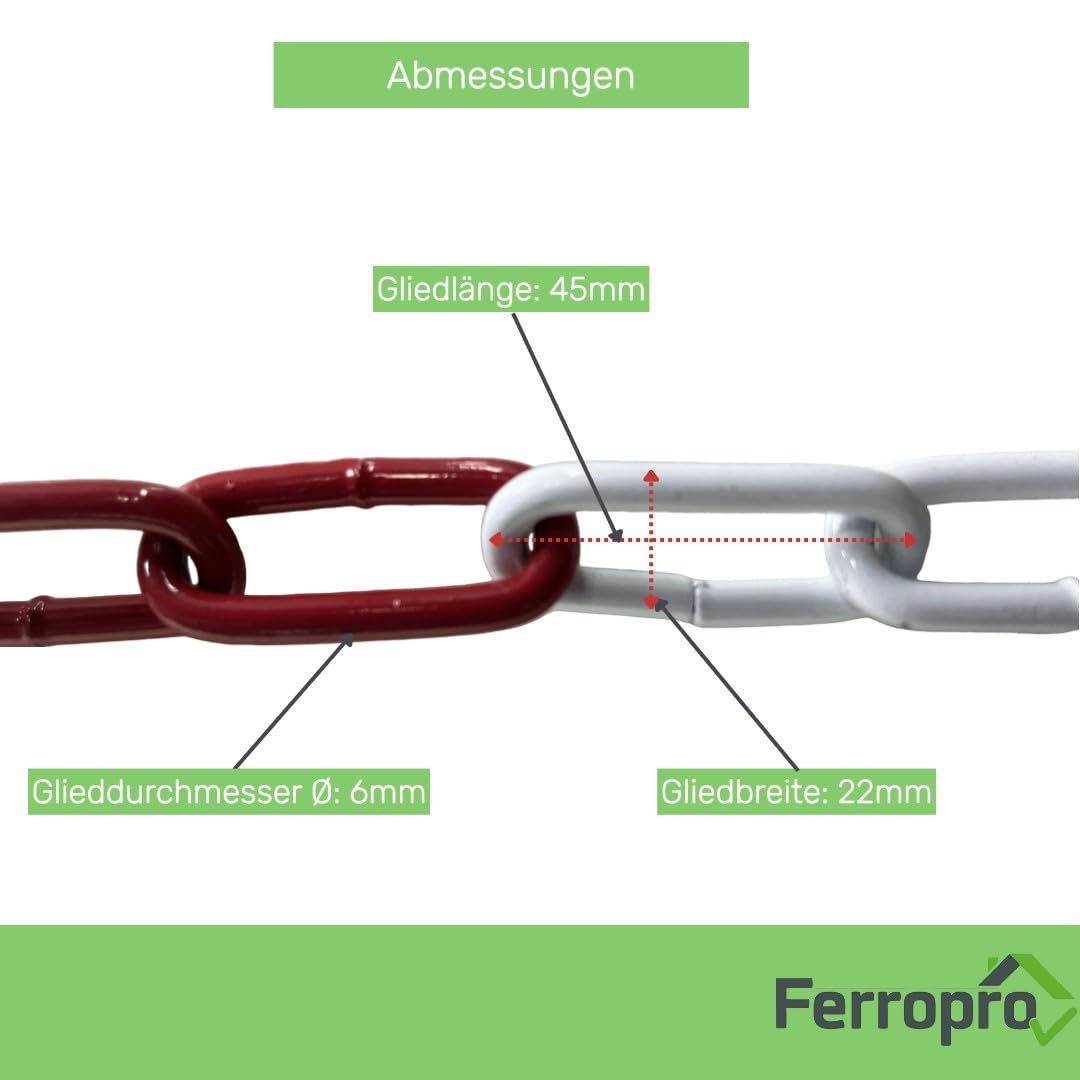 10m Absperrkette 6mm inkl Notglied&Karabiner aus verzinktem Stahl – Rot/Weiß, korrosionsbeständig, hohe Sichtbarkeit, stabil & langlebig – ideal für Absperrungen von Parkplätzen und Flächen
