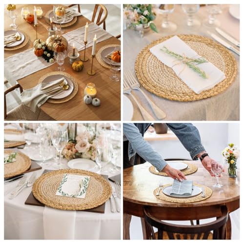 Image of 13 in Woven Placemats Plate Chargers Set of 8, Boho Farmhouse Rustic Round Place Mats for Dinner Plates, Rattan Wicker Table Mats Chargers for Dining Table Decor