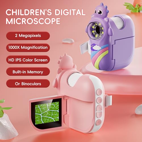 Image of Kids Handheld Digital Microscope with Photo and Video Functions, 2'' LCD Screen - Educational Science Christmas Birthday Gifts for Over 3 Years Old - Pink
