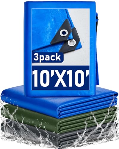 SmoothNovelty 3 Pack 10 x 10 ft Heavy Duty Tarps Waterproof Camping Tarps with Grommets 5.5 Mil Thick UV & Tear Resistant Cover for Outdoor Ground Tent Roof Yard Pool (Blue Army Green Silver)