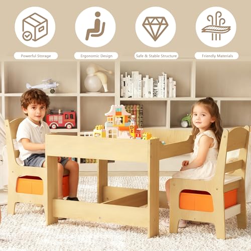 image for Kinder King Kids Wood Table & 2 Chairs Set, 3 in 1 Children Activity T