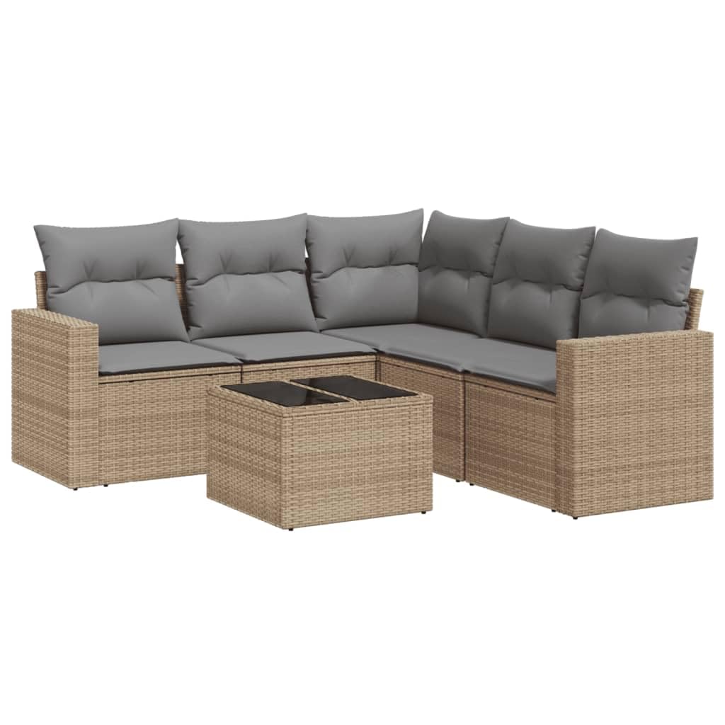 Set Divano da Giardino 6 Pz in Polyrattan Beige con Tavolo Vetro | Salotto componibile per terrazzo e patio con cuscini sfoderabili e vano contenitore sotto le sedute per accessori.