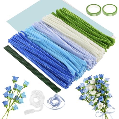 Joyblossom 300 Pcs Fil Chenille, Fils Chenille Colorés pour Bouquet, 5 Couleurs de Cure Pipe, avec Floratape et Tige Fleur Artificielle, pour Artisanat Créatif Creatifs, Bleu