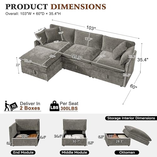 Image of Ihanherry 103 inch Modular Sectional Sofa with Storage, L Shaped Cloud Couch with Movable Ottomans & Throw Pillows, Chenille Deep Seat Sectional Couches for Living Room, Apartment (Grey)