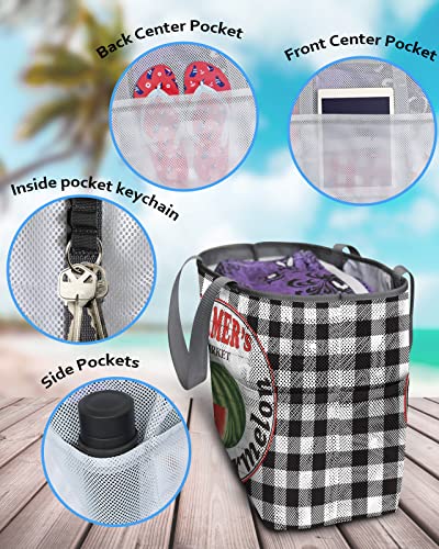 Farmhouse Watermelon Summer Beach Tote Bag for Women, Black Buffalo Plaid Mesh Beach Bags Waterproof Sandproof, Outdoor Picnic Swim Pool Handbag - Large Beach Bag with Zipper and Pockets4