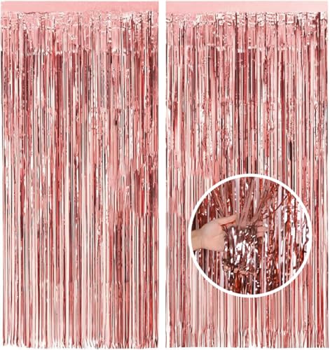 2Pcs Foil Curtain Decorations - 3.2ft x 6.5ft Tinsel Curtain, Glitter Door Curtain, Tinsel Hanging Streamers for Party, Prom, Birthday, Christmas, School Graduation Decorations (Rose Gold)