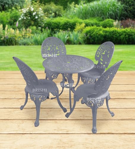 Image of BRISHI Cast Aluminium Garden Patio Seating Chair and Table Set for Balcony Outdoor Furniture with 1 Table and 4 Chair Set (Grey)