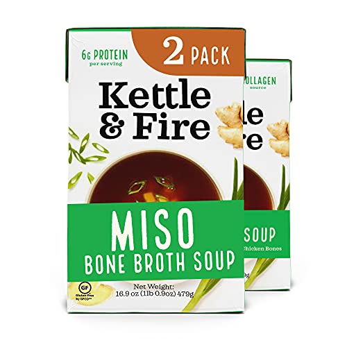 Miso Soup with Chicken Bone Broth by Kettle and Fire, Pack of 2, Keto Diet, Gluten Free Collagen Soup on the Go, 11g of protein, 16.2 fl oz