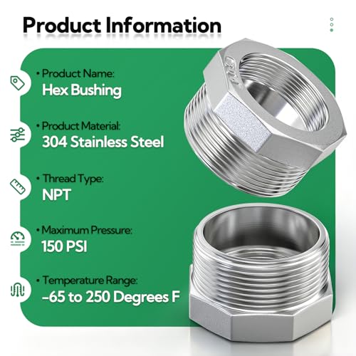Image of TAISHER 2PCS 304 Stainless Steel Reducer Hex Bushing, 1-1 /2 inch NPT Male x 1 /2 inch NPT Female, Reducing Pipe Adapter Fitting