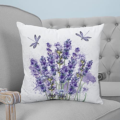 Charmhome Pack Of 2 Cozy Throw Pillow Covers Lavender Flower Pattern And Dragonfly Purple Square Throw Pillow Covers 18X18 Inch For Sofa Couch Decoration #TOP3