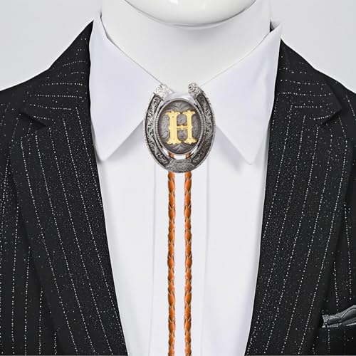 Image of Vintage Western Cowboy Monogram Initial Letter Bolo Tie for Men | Premium brown braided leather, adjustable sliding clasp, anti-tarnish alloy pendant, versatile A-Z western bolo tie
