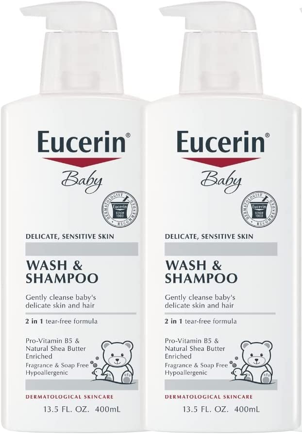 Image of Eucerin Baby Wash & Shampoo - 2 in 1 Tear Free Formula, Hypoallergenic & Fragrance Free, Nourish and Soothe Sensitive Skin - 13.5 Fl Oz (Pack of 2)