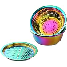 Rainbow Multifunctional Stainless Steel Basin Grater - 3 In 1 Kitchen Multipurpose Slicer Vegetable Cutter With Strainer Bowl -for Salad Maker and Vegetable Rice Washing