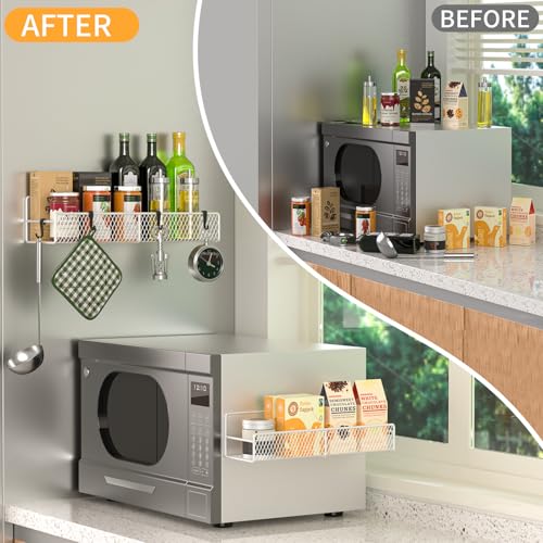 Magnetic Spice Rack for Refrigerator, 2 Pack 100% Metal Strong Magnet Shelf, Space Saving Spice Organizer W/ Hooks, Movable Magnetic Fridge Shelf, Kitchen Home Laundry Room Storage Organization, White - Thumbnail 3