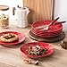 vicrays Ceramic Dessert Salad Plates, 8 Inch, Microwave, Oven, and Dishwasher Safe, Round, Porcelain Fluted Suitable for Snacks, Appetizer, Home, Party, Restaurant - Set of 6 Red