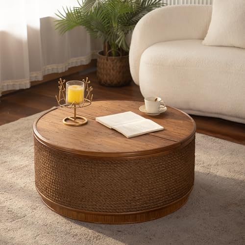 KEIKI 31.5' Round Rattan Coffee Table with Lift-Off Lid Storage, Hand-Woven Hemp Rope Trim Coffee Tables, Boho Center Table for Living Room