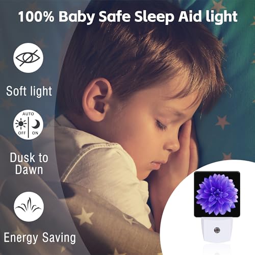 Image of Purple Dahlia Flower Night Light for Kids, Abstract Blooming Floral Night Light Plug in with Dusk to Dawn Sensor, 0.5w Energy Saving Sleep Friendly Nightlight for Hallway Stairway Kitchen Bedroom