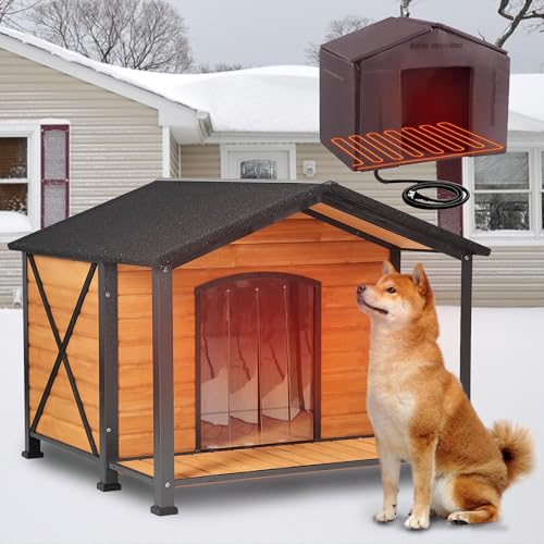 MEDEHOO Extra Large Heated Dog House, Outdoor Dog House Insulated for Winter with Heating Pad, Weatherproof Wooden Dog Kennel with Porch, Sturdy Iron Frame & Openable Roof for Easy Cleaning