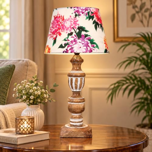 Image of tu casa Wooden Table Lamp | Premium Floral Satin Shade | Solid Wooden Base | Modern Home Decor | Ambient Bedside Lighting | Bedroom, Living Room, Study Table, Office & Festival Gifting