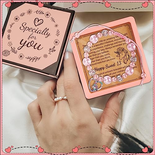 13Th Birthday Gifts For Girls, 13 Year Old Girl Birthday Gift Ideas, Happy Sweet 13 Gifts For Girls, Sweet Thirteenth Adjustable Length Unicorns Pink Pearl And Rhinestone Balls Bracelets Gifts #TOP2
