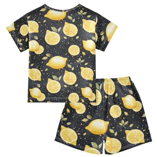 ALAZA Lemon on Black Background Pajama Set Short Sleeve Sleepwear Soft Lounge Nightwear2