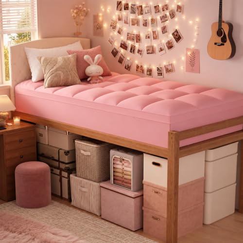 Image of ELEMUSE Twin XL Mattress Topper for Dorm, Plush Pillow Top Bed Pad | Pink college dorm essential with plush comfort, designed for Twin XL beds in dorm rooms, and back to school upgrade