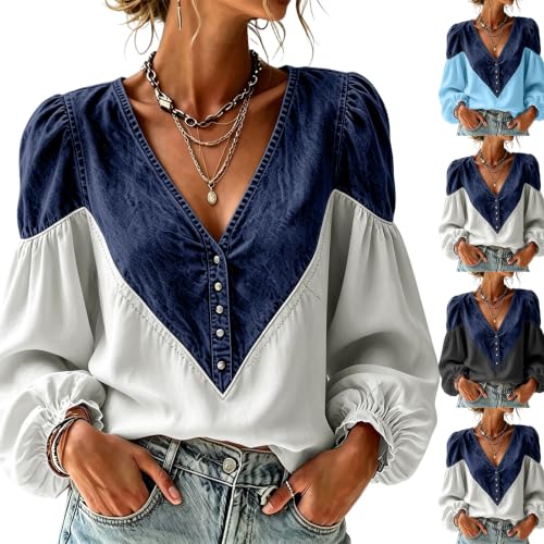Long Sleeve Shirts for Women V Neck Ruffles Color Block Denim Patchwork Top - image 1