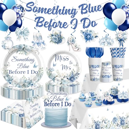 Xynic 171pcs Something Blue Before I Do Bridal Shower Decorations with Pre-threaded Banner 40 Thickened Plates and 2 Tablecloths 20-pack Disposable Paper Tableware for Blue Bridal Shower