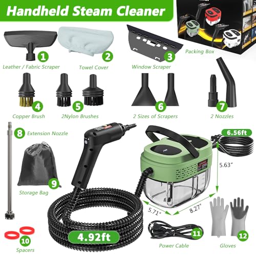 Image of Handheld Steam Cleaner, 2500W High Pressure Steamer for Cleaning, Portable Steam Cleaner with 1.6L Water Tank, 3 Levels Adjustable Handle, Steam Cleaner for Home (Green, 1600ML)