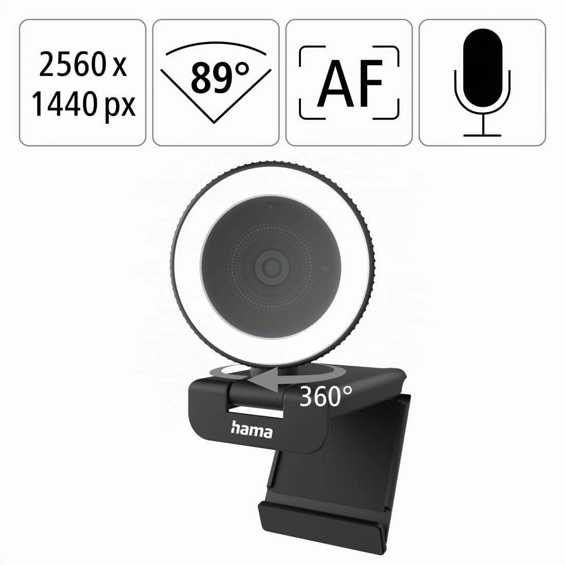 Hama Webcam mit Licht, Fernbedienung, Zoom, QHD 2K PC-Kamera, Dual Mikrofon | Mobile Streaming-Cam schwarz, Ringlicht-Webcam Abdeckung, Autofokus, 360° drehen 89° neigen, 1/4-Zoll-Gewinde f. Stativ