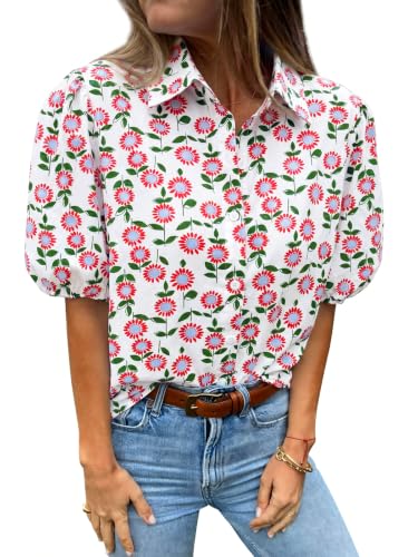 Image of Tankaneo Womens Button Down Shirts Puff Sleeve Tops Summer Cotton Blouses | Loose Fit, Boxy, Dressy Casual, Collared, Short Sleeve, Solid Color, Striped, Plaid, Polka Dots