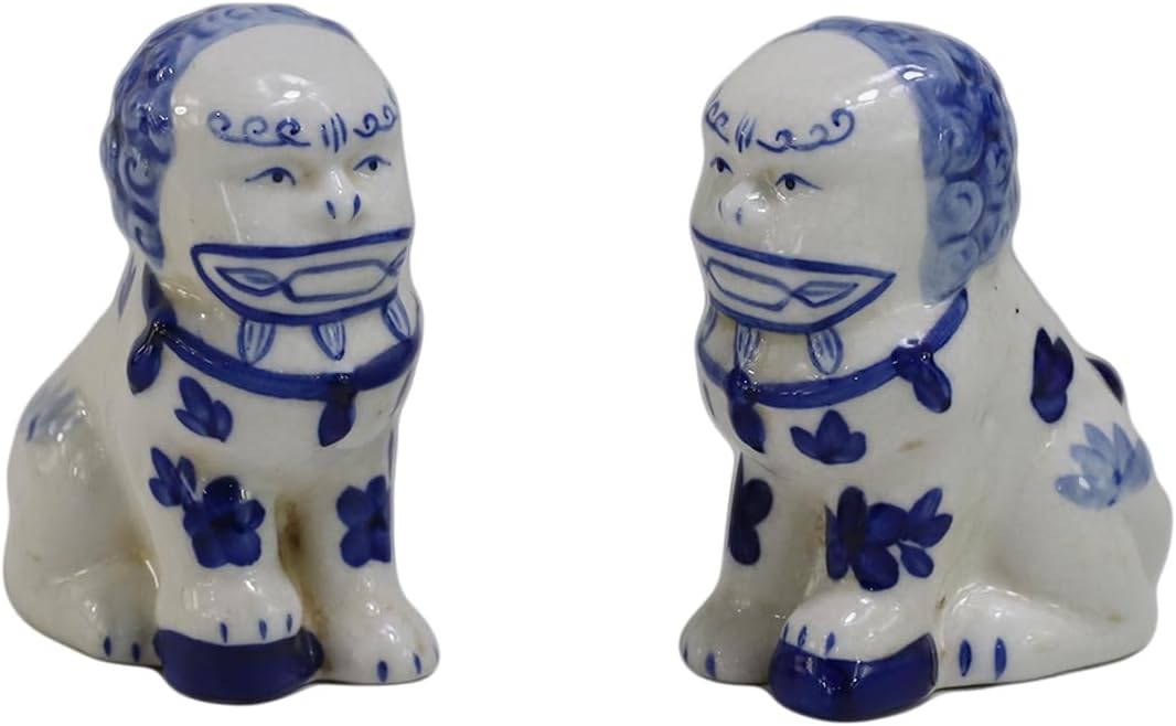 Hand Painted Blue and White Chinoiserie Mini Pair of Porcelain Lucky Foo Dog Figurines, Guardian Lion Statues, Home Décor -4" H