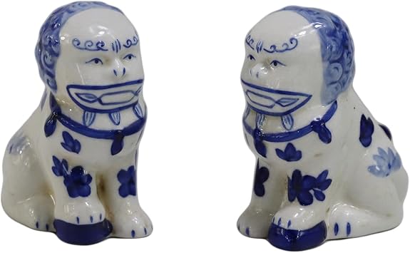 Hand Painted Blue and White Chinoiserie Mini Pair of Porcelain Lucky Foo Dog Figurines, Guardian Lion Statues, Home Decor -4" H