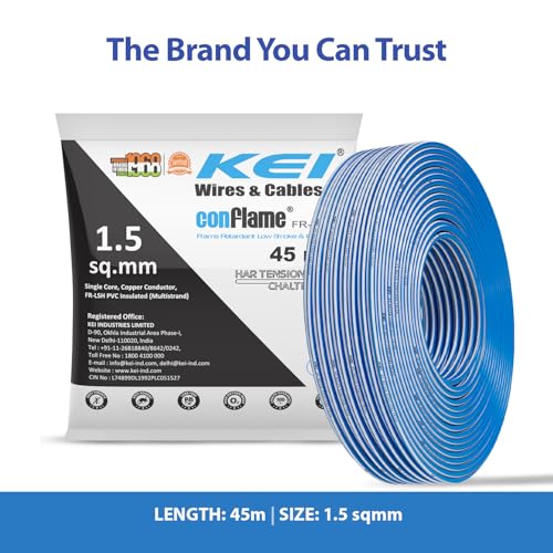 Image of KEI CONFLAME FRLSH 1.5 sqmm 1 Core Copper Heat Resistant Flame Retardant Low Smoke & Halogen - Lead Free House Wire for Domestic & Industrial Electrical Wiring (Blue, 45 Meters)