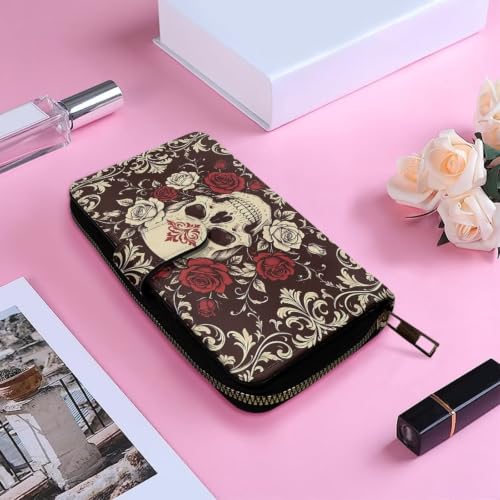 Image of COEQINE Ladies Wallets Pink Leopard Heart Black Printed Leather Phone Long Clutch Purses Check Coin Change Holder